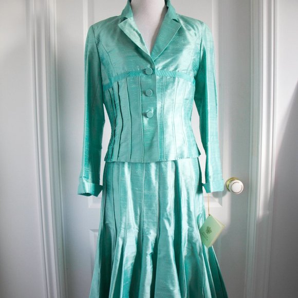 PAUL VASSEUR Women Set Ensemble Jacket + Skirt Silk Aqua Carreer Work Formal New - Picture 1 of 7